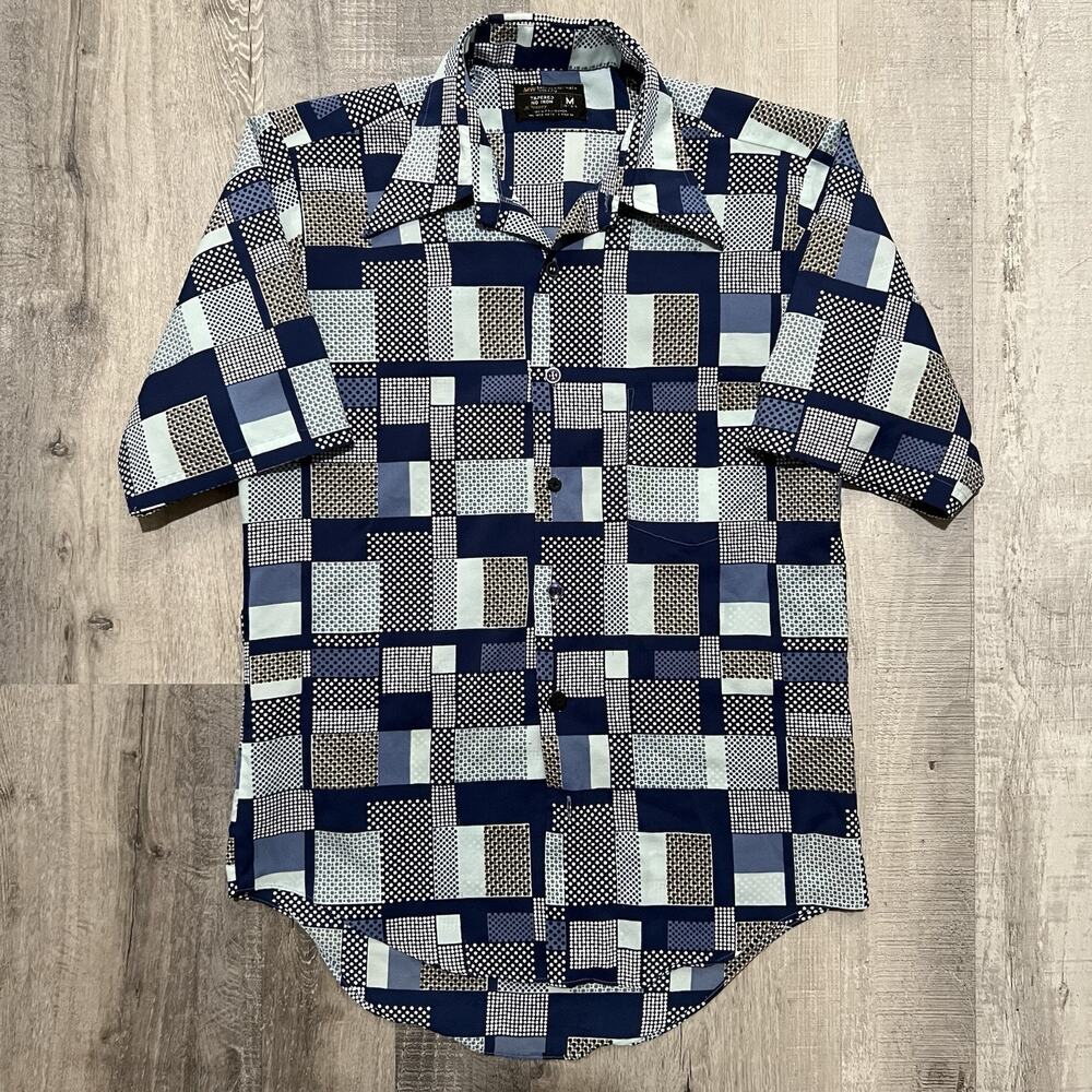 VTG Montgomery Ward 1980s Blue Geometric Polka Dot Disco Button Shirt Men's Sz M
